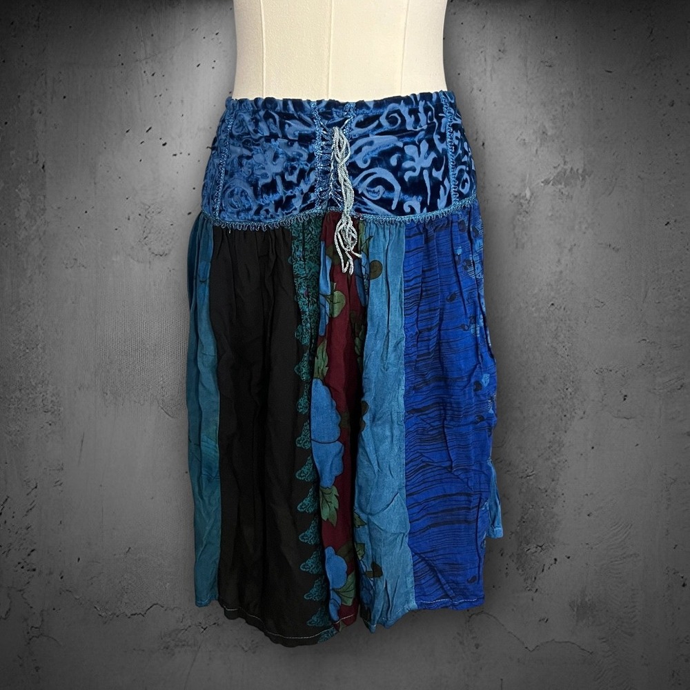 Vintage Bonartt Boho Fairy Blue Multi Floral Velvet Lace Trim Flowy Skirt M/L - Picture 2 of 8